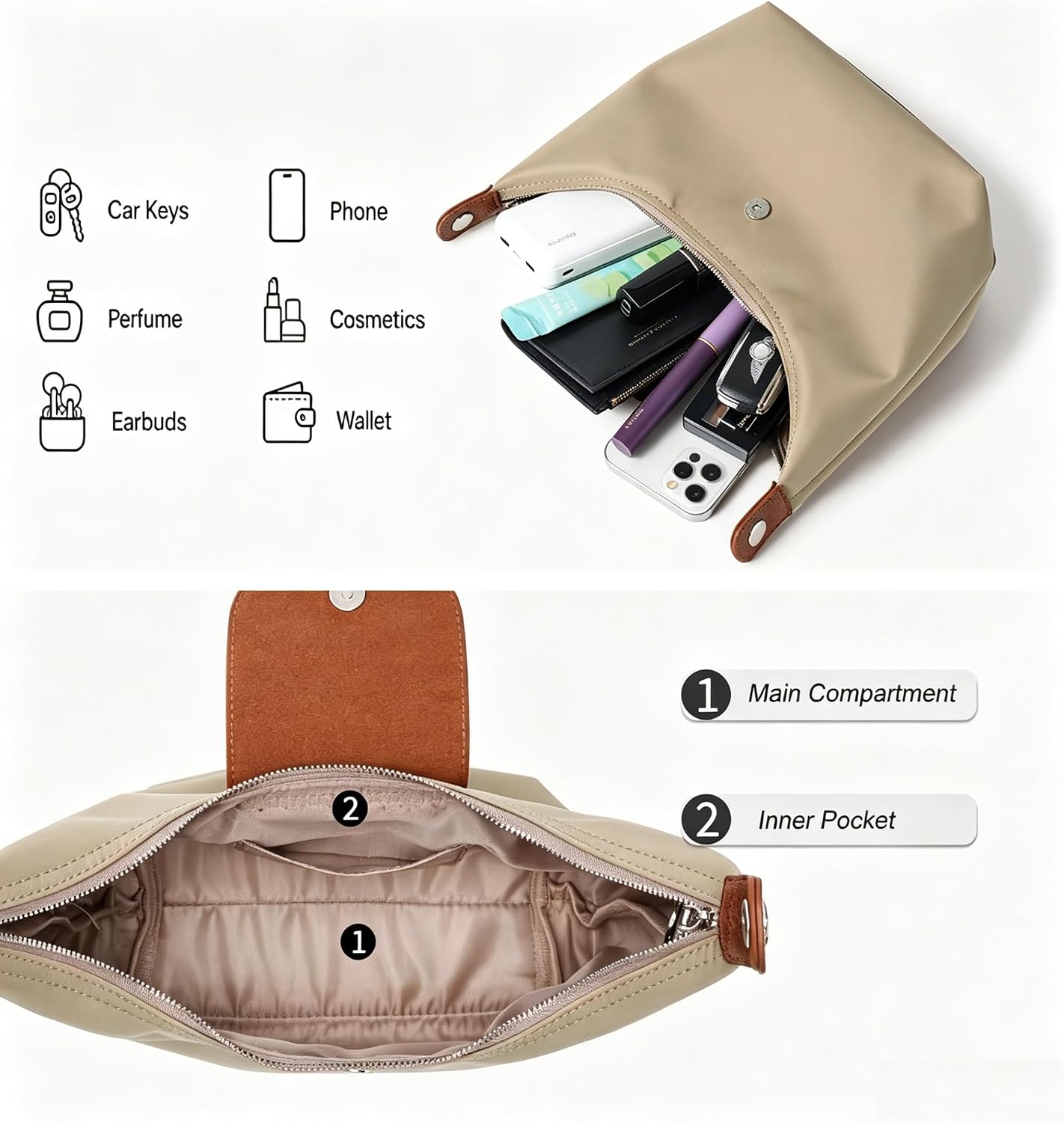 Convertible Mini Nylon Shoulder Bag - Lightweight Crossbody Crescent Dumpling Purse with 2 Straps