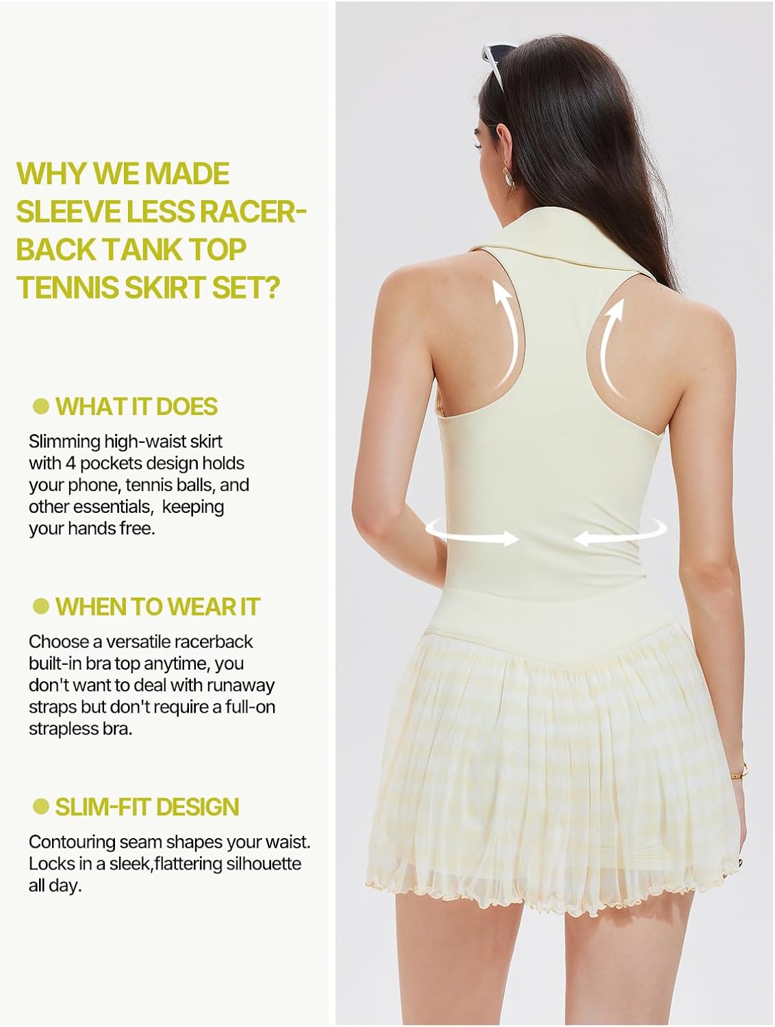 Women's 2 Piece Tennis Skirt Set - Sleeveless Golf Outfit with Built-in Shorts and 4 Pockets