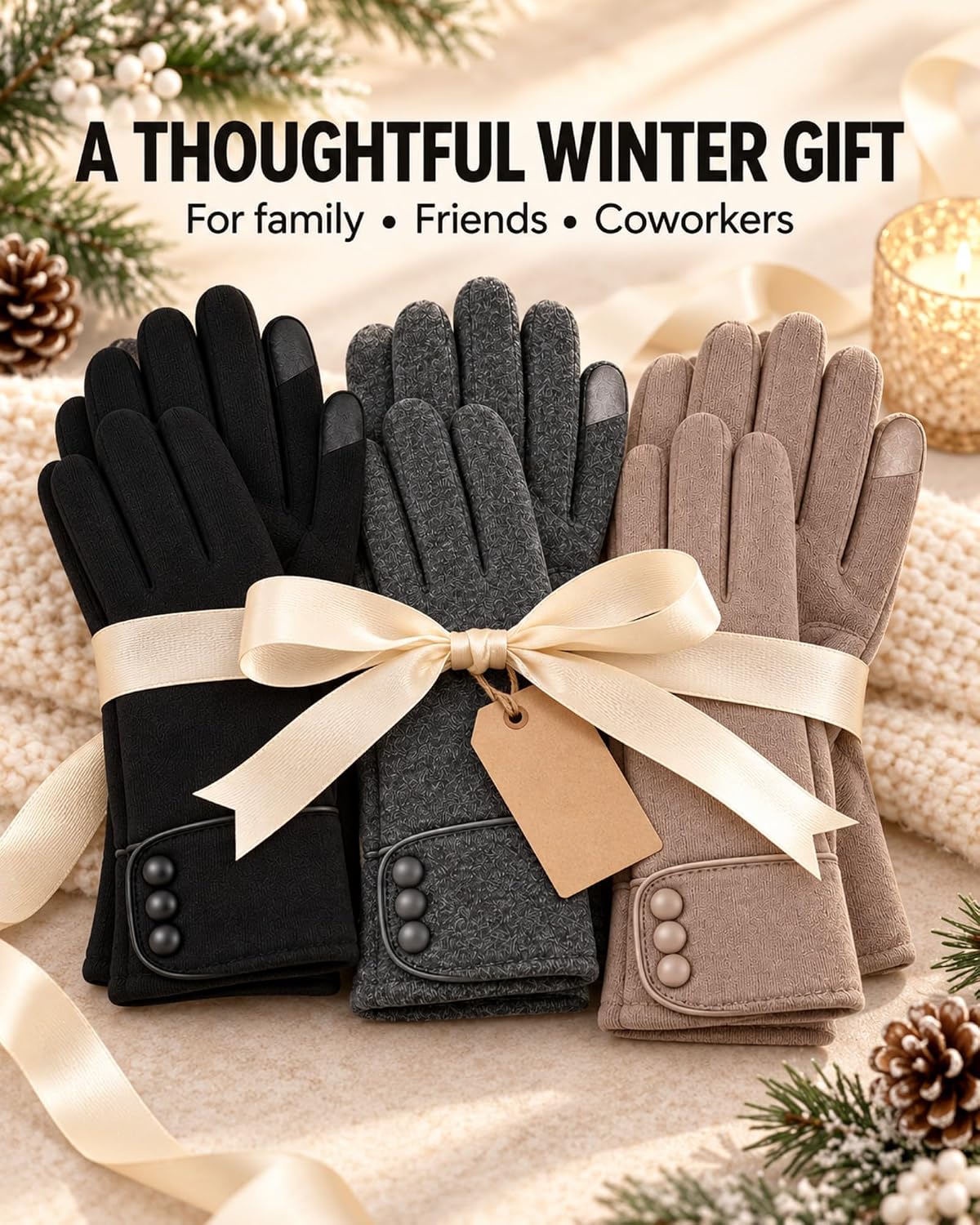 3 Pairs Women's Winter Touchscreen Gloves - Windproof Fleece Lined Warm Texting Mittens