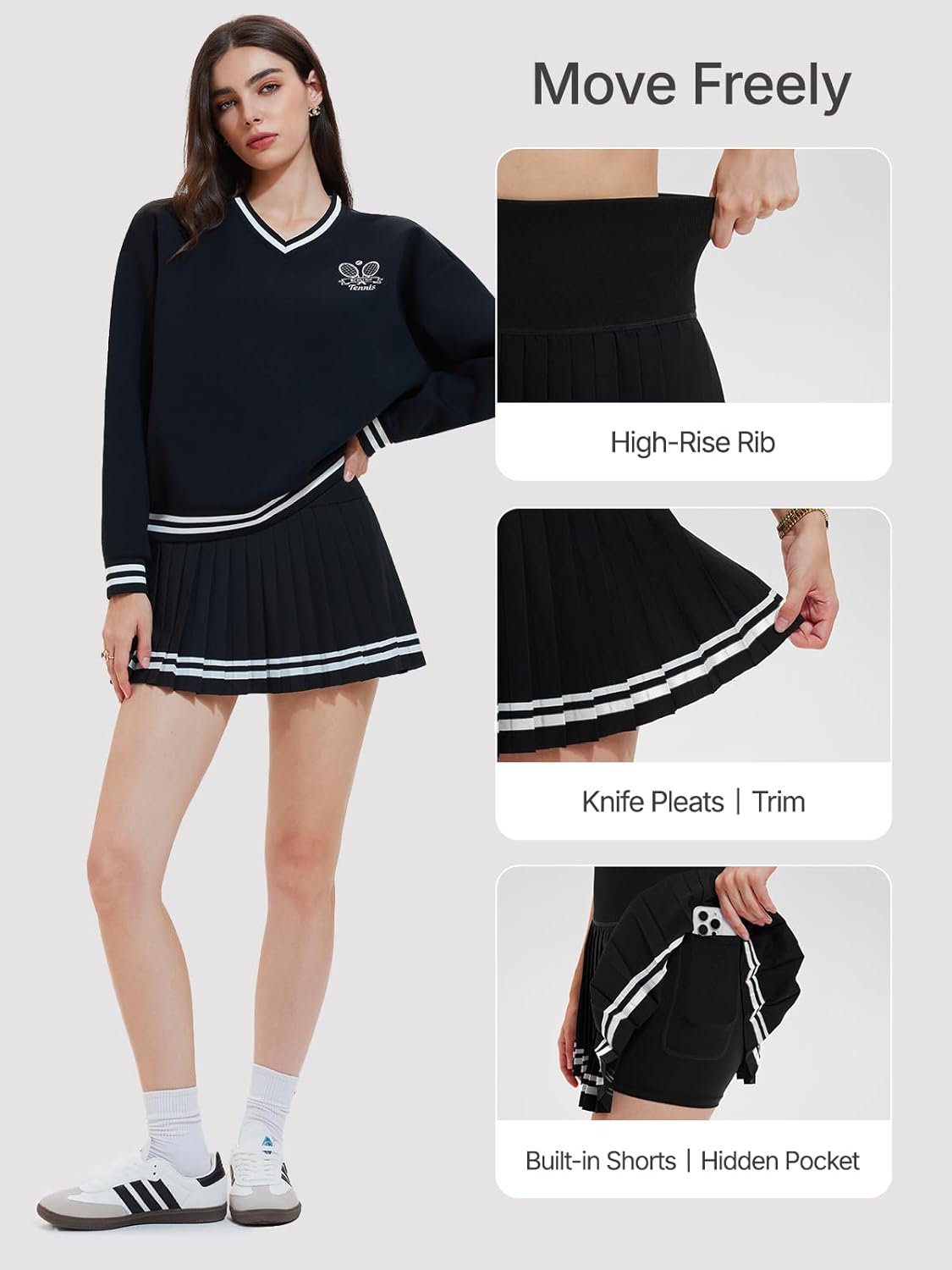 Women's Long Sleeve Tennis Skirt Set - 2 Piece Golf Outfit with V-Neck Sweater & Skort