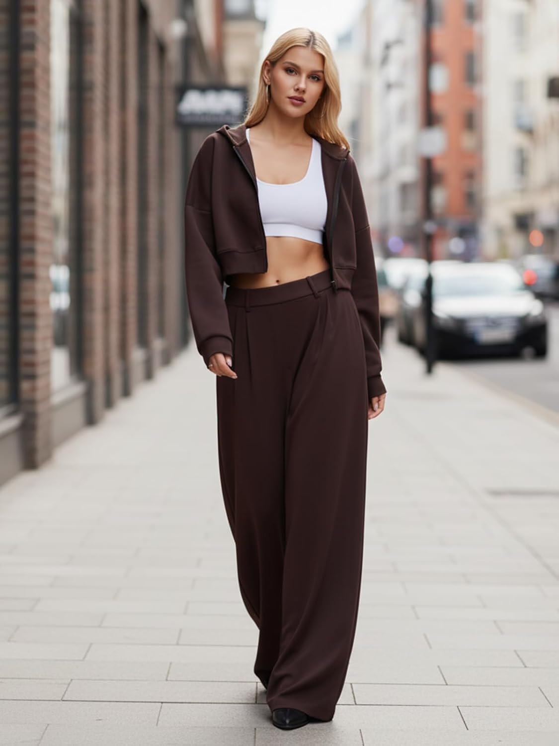 Airfree Tall Women's 2 Piece Outfits Spring Airport Cropped Hoodie Long Wide Leg Pants Sets Travel Lounge Sets Work Sweatsuit