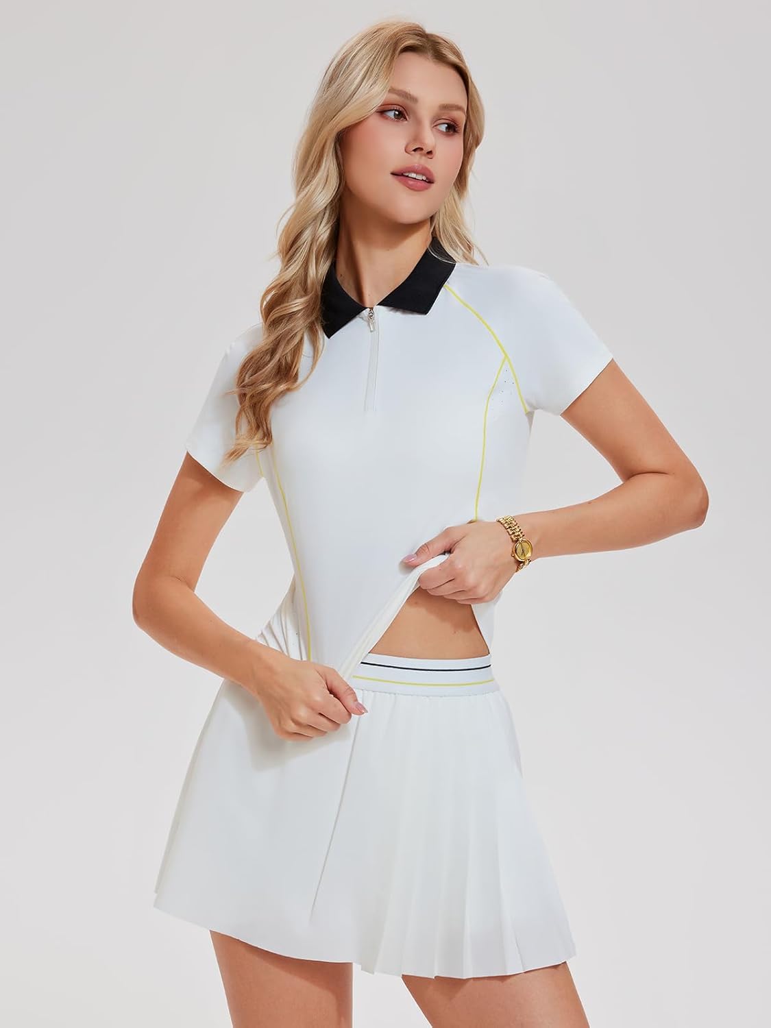 Women's 2 Piece Tennis Outfit - Half-Zip Polo Shirt and Pleated Skirt Set with Pockets