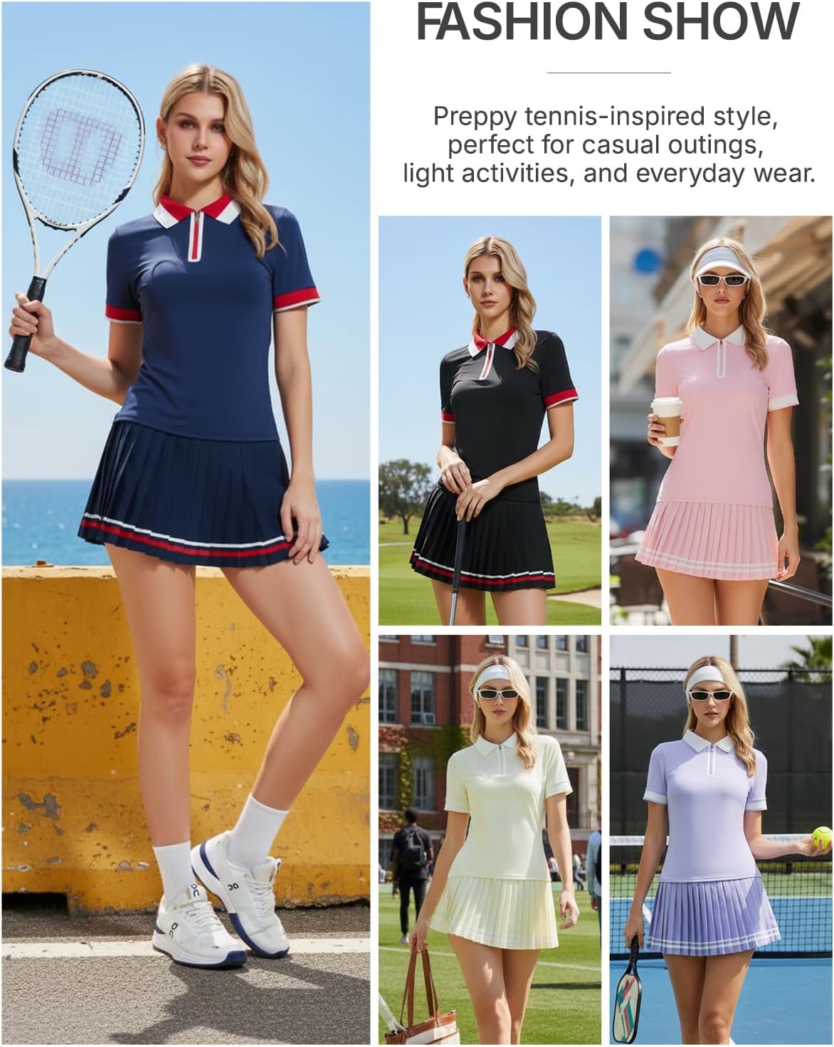 Women's 2-Piece Tennis Skirt Set, Polo V-Neck Top & High-Waisted Pleated Skirt Athletic Outfit