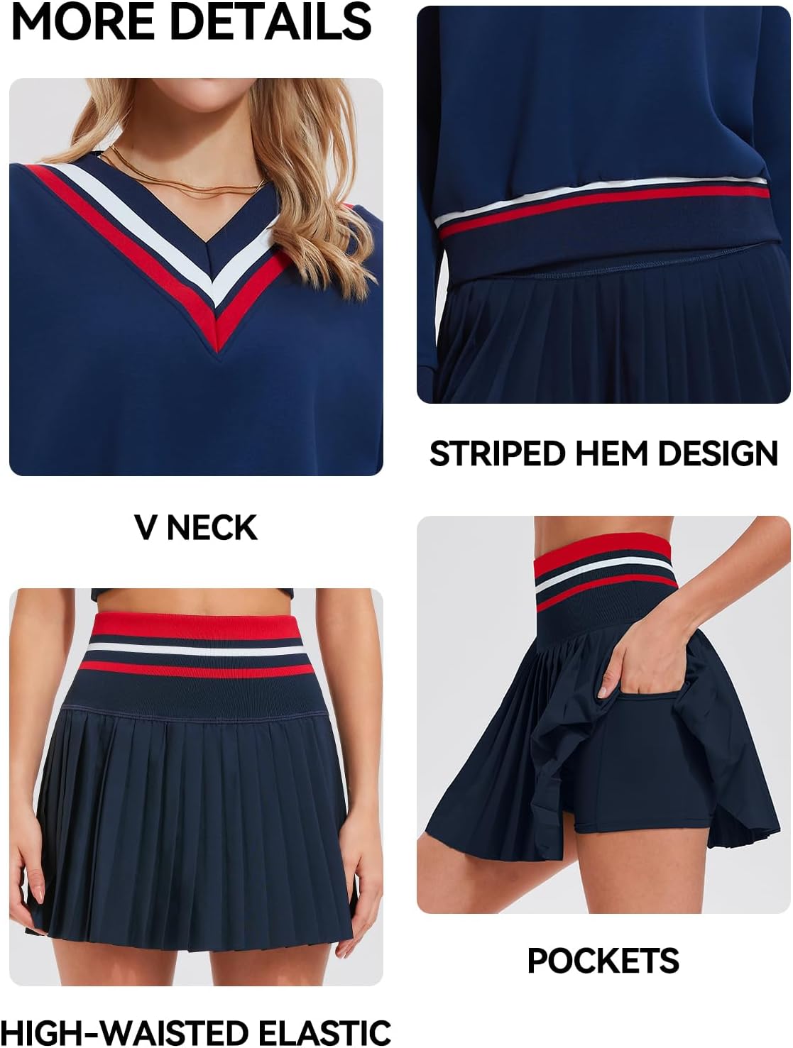 Womens Sweatsuits 2 Piece Set Color Block V Neck Sweatshirts High Waisted Tennis Running Golf Tracksuits Skirts Sets
