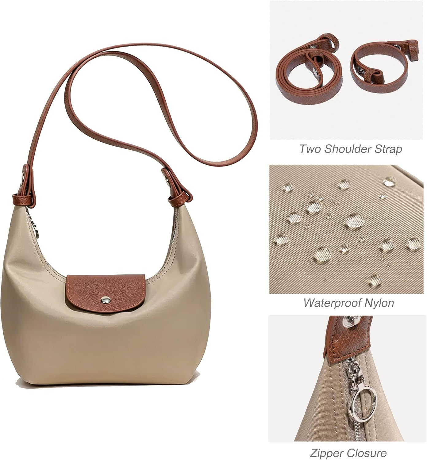 Convertible Mini Nylon Shoulder Bag - Lightweight Crossbody Crescent Dumpling Purse with 2 Straps