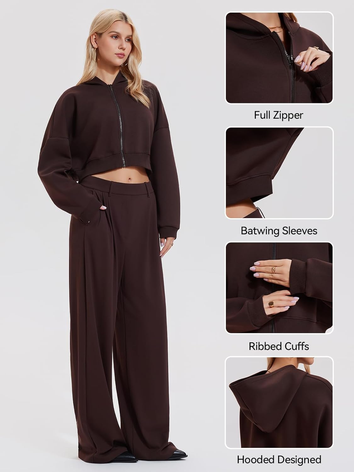 Airfree Tall Women's 2 Piece Outfits Spring Airport Cropped Hoodie Long Wide Leg Pants Sets Travel Lounge Sets Work Sweatsuit