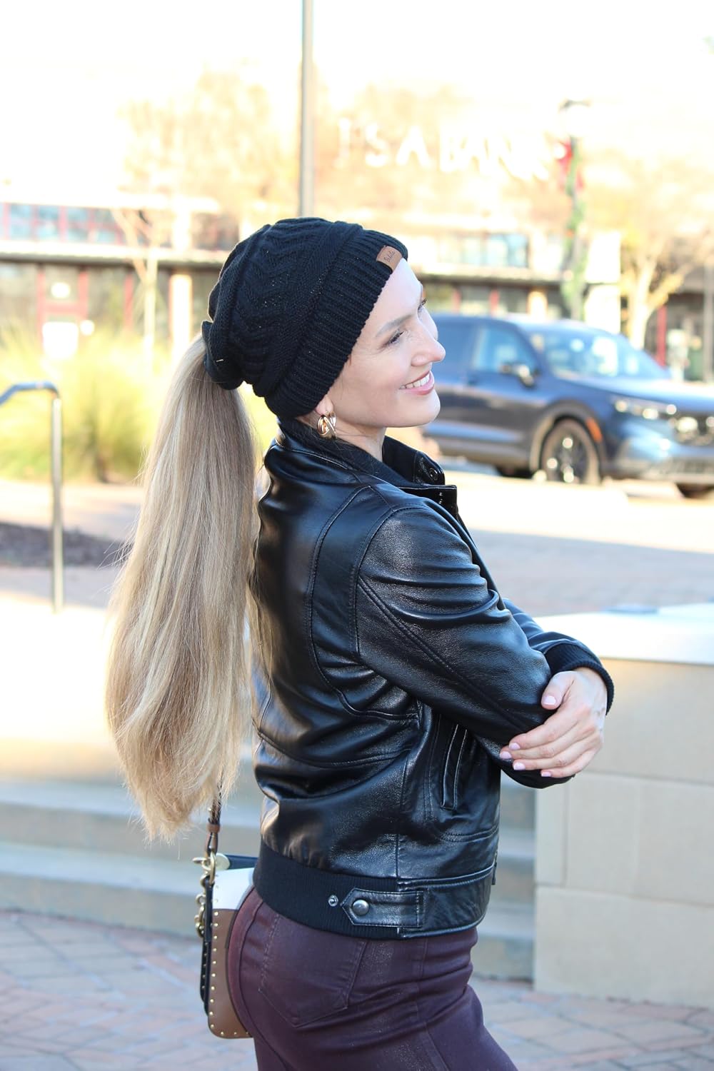2Pcs Women's Ponytail Beanie, Satin Lined Winter Hat for Outdoor Activities