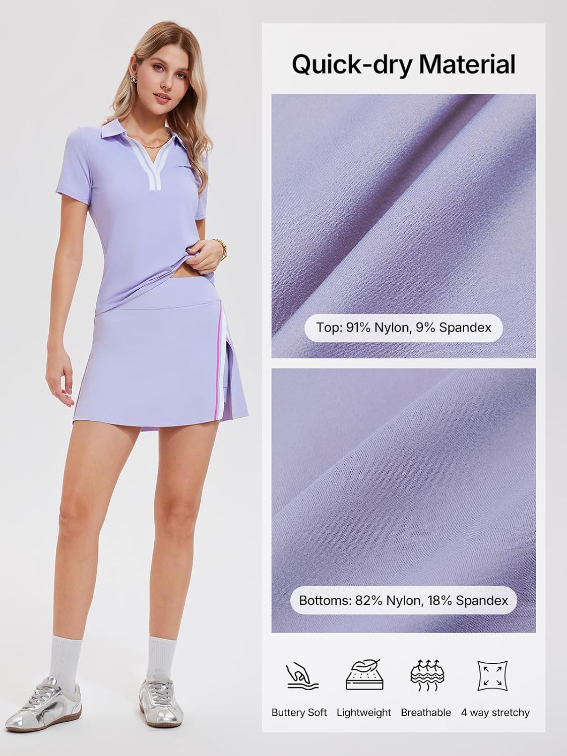 Women's 2 Piece Tennis Skirt Set - Colorblock V-Neck Polo & High Waisted Side Slit Skort