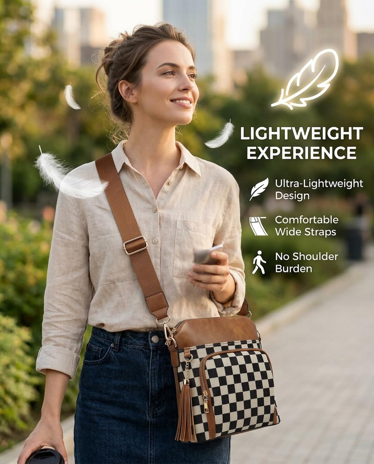 Checkered Crossbody Bag for Women, Lightweight Plaid PU Leather Canvas Handbag with Adjustable Strap