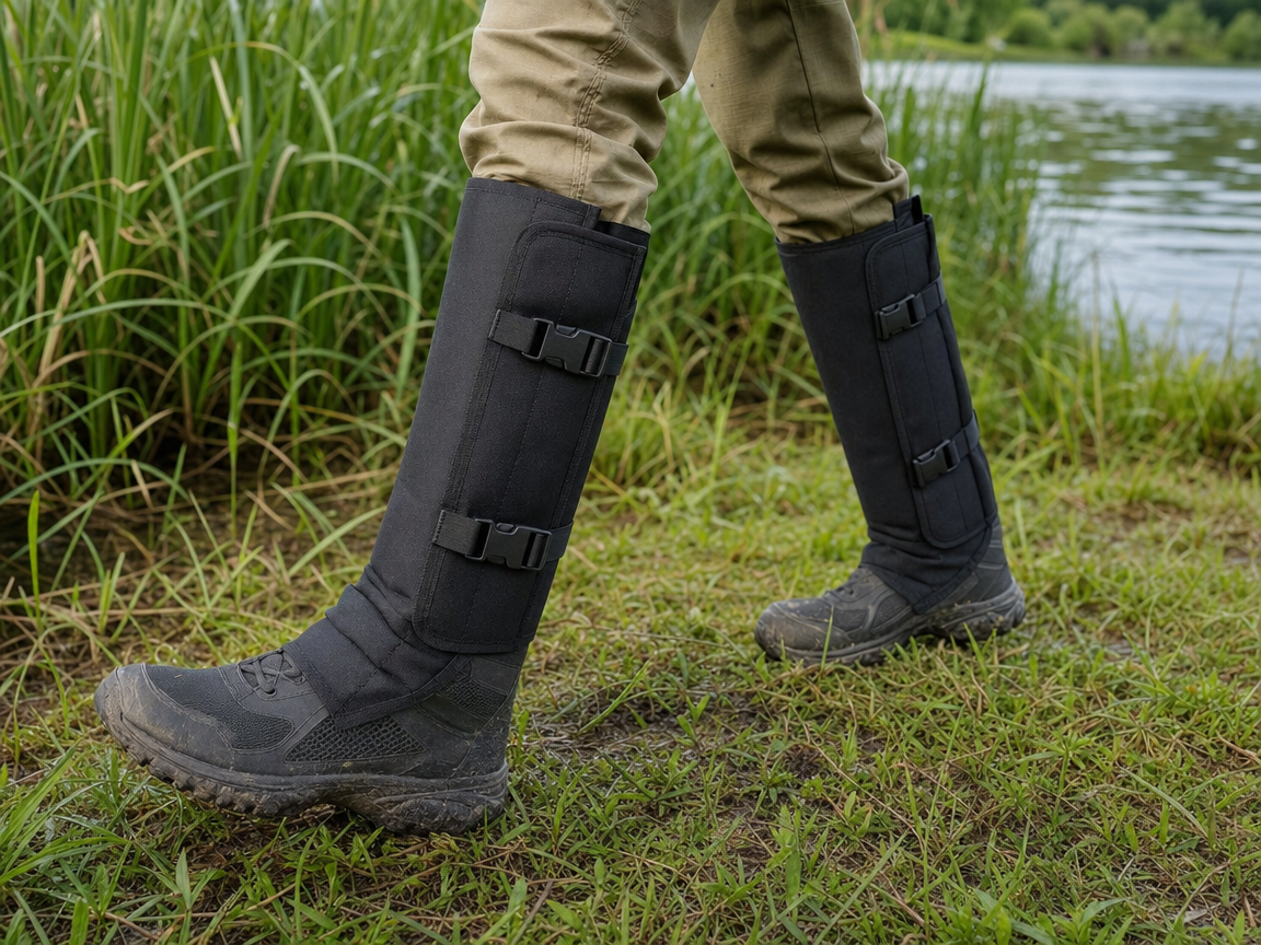 Black snake gaiters walking near lake reeds and wet grass